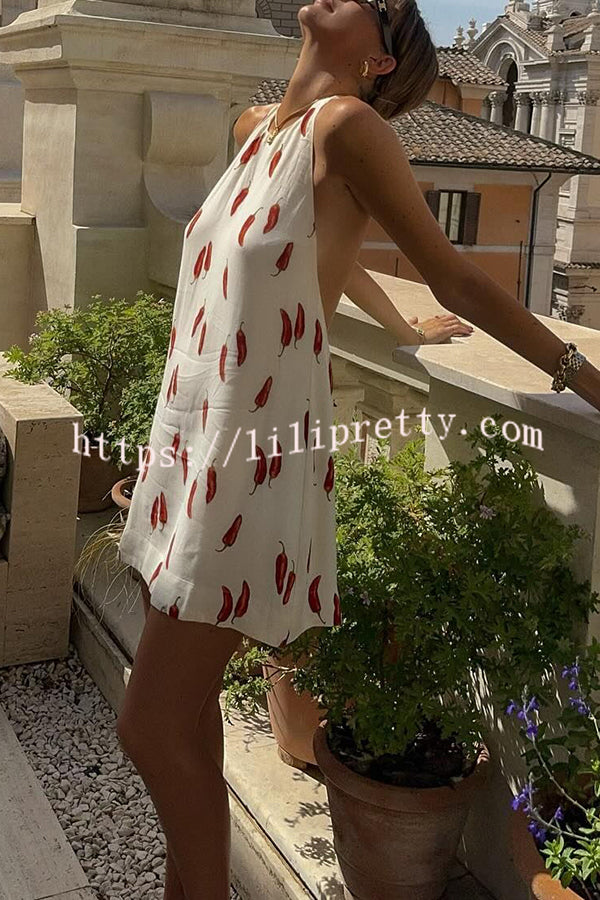 Lilipretty® Spicy Summer Chili Pepper Unique Print Soft Fabric Halter Loose Mini Dress