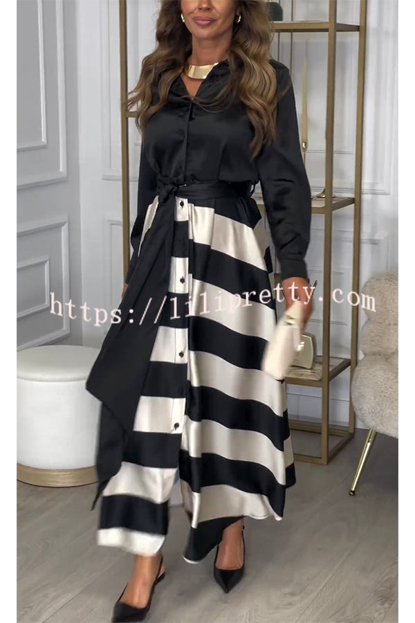 Lindsey Satin Colorblock Contrast Long Sleeve Belted Shirt Maxi Dress