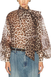 Arianne Chiffon Leopard Print Bow Neck Long Balloon Sleeve Loose Blouse