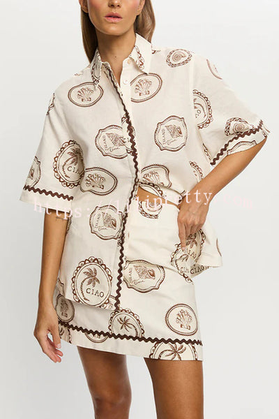 Resort Style Print Lapel Short Sleeve Shirt and Casual Mini Skirt Set