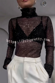 Shimmering Twilight Sequin Turtleneck Long Slit Sleeve H-line Blouse