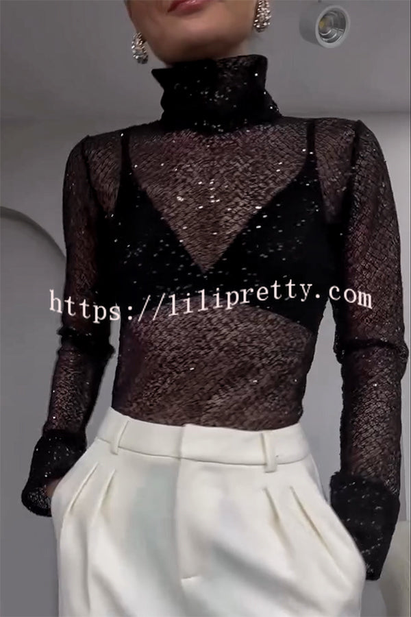 Shimmering Twilight Sequin Turtleneck Long Slit Sleeve H-line Blouse