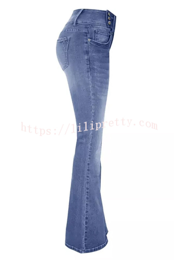 Vintage Side Button Pocket Mid-rise Flared Jeans