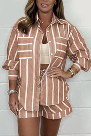 Stripe Print Lapel Long-sleeved Shirt and Elastic Waist Loose Shorts Set