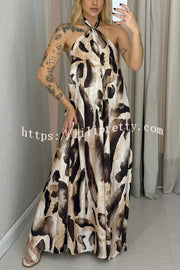 Leopard Print Sexy Halter Neck Backless Loose Maxi Dress