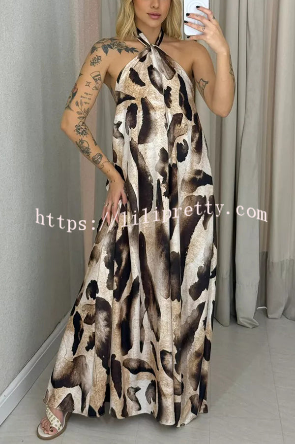 Leopard Print Sexy Halter Neck Backless Loose Maxi Dress