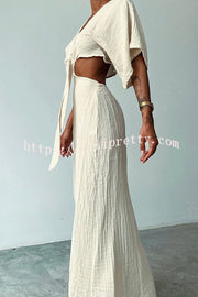 Linen Blend Slim-fitting Lace-up Hollow V-neck Maxi Dress