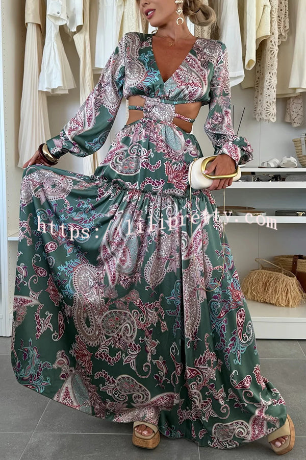 Gabbie Satin Paisley Print Cutout Elastic Waist Long Sleeve Full Hem Maxi Dress