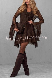 Feeling Lighthearted Lace Ruffle Neck Bell Sleeve Layered Hem A-line Mini Dress