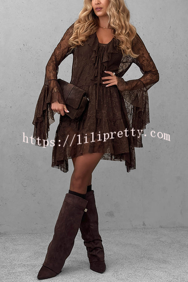 Feeling Lighthearted Lace Ruffle Neck Bell Sleeve Layered Hem A-line Mini Dress