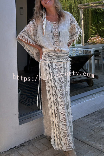 Madrid Linen Blend Ethnic Print Side Lace-up Tassel Trim Maxi Skirt