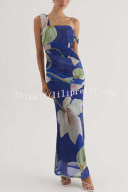 Drama Elegance Mesh Floral One Shoulder Ruched Stretch Maxi Dress