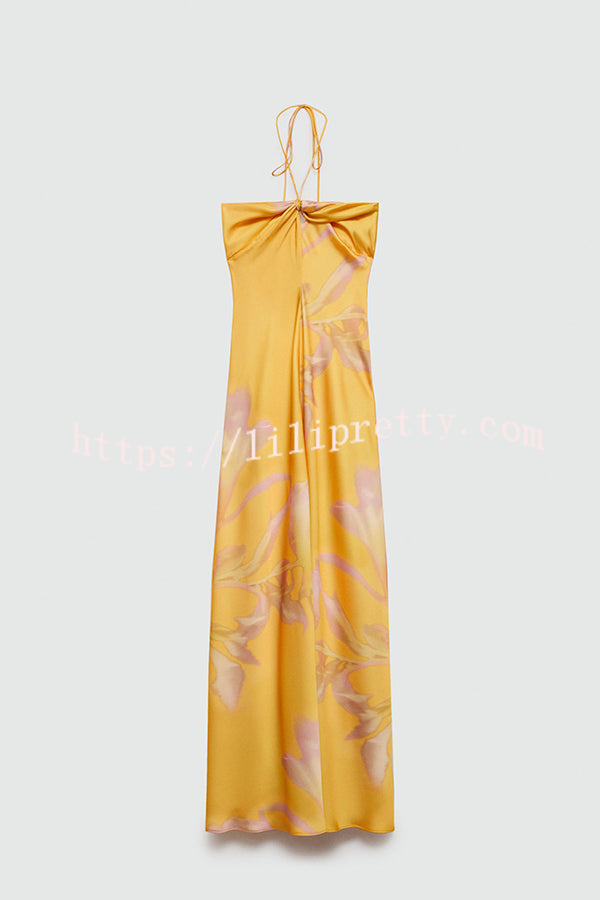 Catalina Island Satin Floral Print Twist Bust Halter Maxi Dress