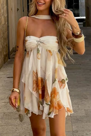 Arabella Floral Print Starfish Brooch Inverted Halter Neck Slit Ruffles Mini Dress