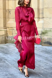 Lily Chiffon Bow Detail Puff Sleeve Blouse and Elegant Layered Maxi Skirt Set