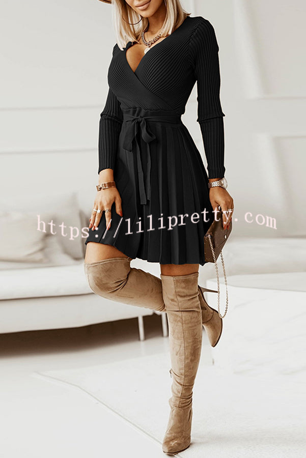Lilipretty Pioe V Neck Pleated Knit Lace Up Mini Dress