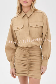 Soraya Epaulette Button Design Long Sleeve Ruched Hem Shirt Mini Dress