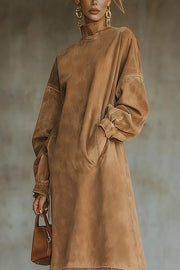 Solid Color Suede Loose Long-sleeved Casual Pocket Tassel Hem Midi Dress