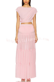 Stunning Chiffon Ruched Shoulder Short Sleeve Crop Top