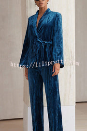 Solid Color Velvet Pleated Long-sleeved Tie Top and Casual Pocket Straight-leg Pants Set