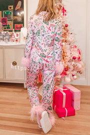Iconic Holiday Printed Feather Trim Elastic Waist Pocketed Pajama Set (Best Christmas Gift for the Holiday)