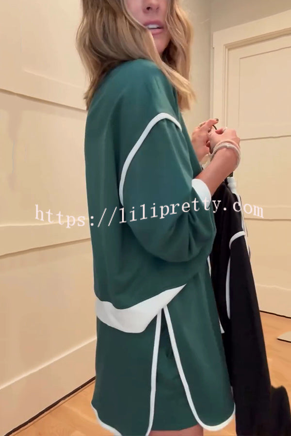 Fashion Round Neck Long Sleeve Spliced Casual Top and Elastic Waist Loose Shorts Set