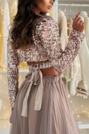 Holiday Party Sequin Long Sleeve Back Satin Tie-up Crop Top