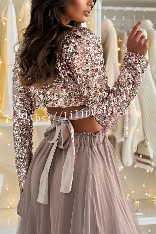 Holiday Party Sequin Long Sleeve Back Satin Tie-up Crop Top