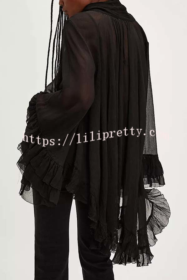 Flowy See-through Ruffle Tie-up Neck Bell Sleeve High-low Hem Cape Shirt