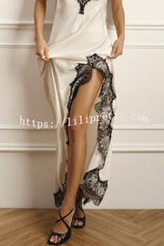 Elegant Splicing Lace Suspenders V-neck Sexy Slit Maxi Dress