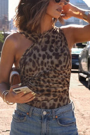 Leopard Print Asymmetric Mesh Pleated Slim-fit Rompers