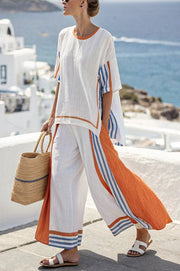 Striped Print Crew Neck Loose Top and Elastic Waist Casual Wide Leg Pants