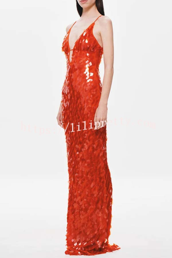 Reshape Beauty Fish Scale Sequin Cutout U-neck Slip Maxi Dress