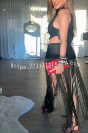 Dancing Miracle One Shoulder High Waist Hollow Design Tassel Hem Drape Mini Dress