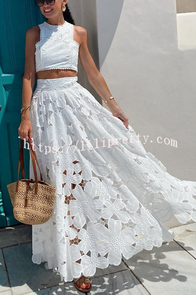Next Trip Floral Embroidery Crochet Lace Elastic Waist Pocket Maxi Skirt