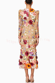 Dignified and Refined Charm Embroidered Floral Applique Long Sleeve Fish Tail Midi Dress