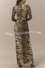 Winston Animal Print High-neck Long Sleeve Ruched Hip Stretch Maxi Dress