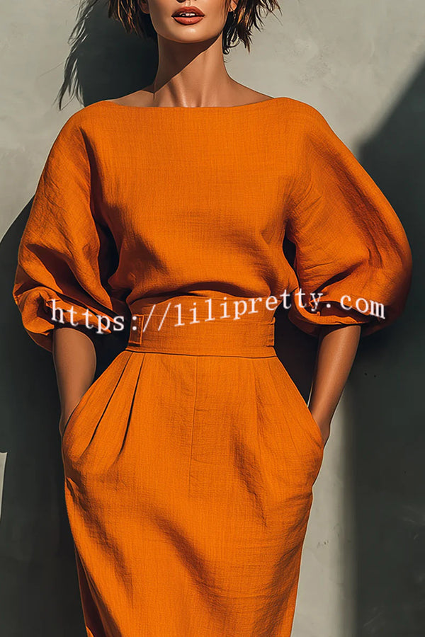 Linen Blend Round Neck Balloon Sleeve Top and High Waist Casual Pocket Midi Skirt Set
