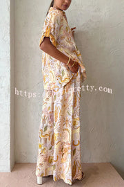 Lilipretty Sunshine Loving Linen Blend Mythological Pattern Button Down Oversized Blouse