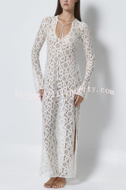 Santorini Sunset Floral Lace Long Sleeve Slit Vacation Maxi Dress