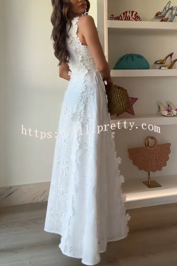 Mairi Embroidery Hollow Fabric Delicate Flower Trim Side Lace-up Maxi Dress