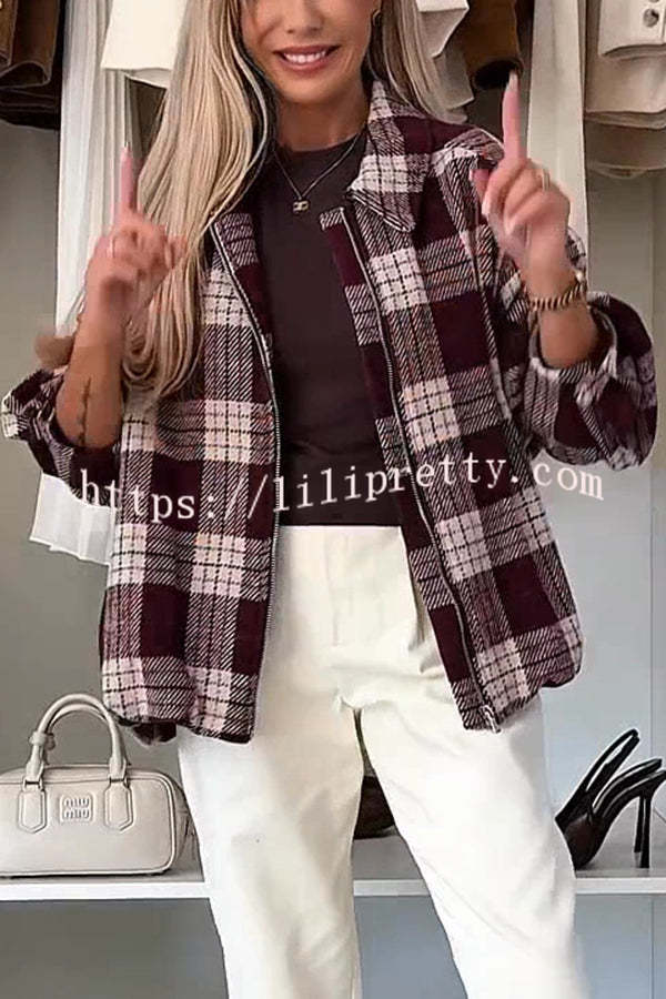 Fashion Plaid Print Lapel Long Sleeve Loose Zipper Jacket