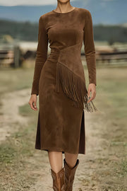 Solid Color Round Neck Long-sleeved Suede Slim-fit Tassel Midi Dress