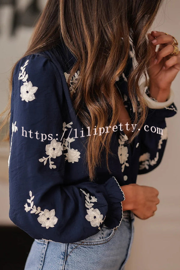 Floral Embroidery Long-Sleeved Button-Up Elegant Shirt