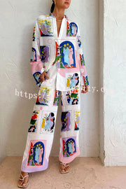 Chic Abstract Painting Print Button Pockets Elastic Waist Pants Set