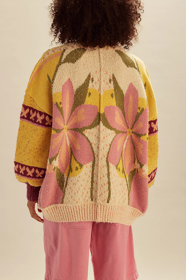 Floral Pattern Loose Long-sleeved Knitted Cardigan