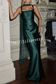 Calanthe Satin Square Neck Ruched Back Lace-up Drape Mesh Scarf Maxi Dress