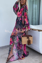 Lady Summer Leopard Print Lantern Sleeve Top and Elastic Waist Slit Pants Set