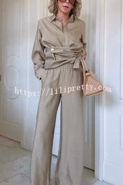 Juliette Cross-front Button Up Long Sleeve Shirt and Elastic Waist Pocket Loose Pants Set