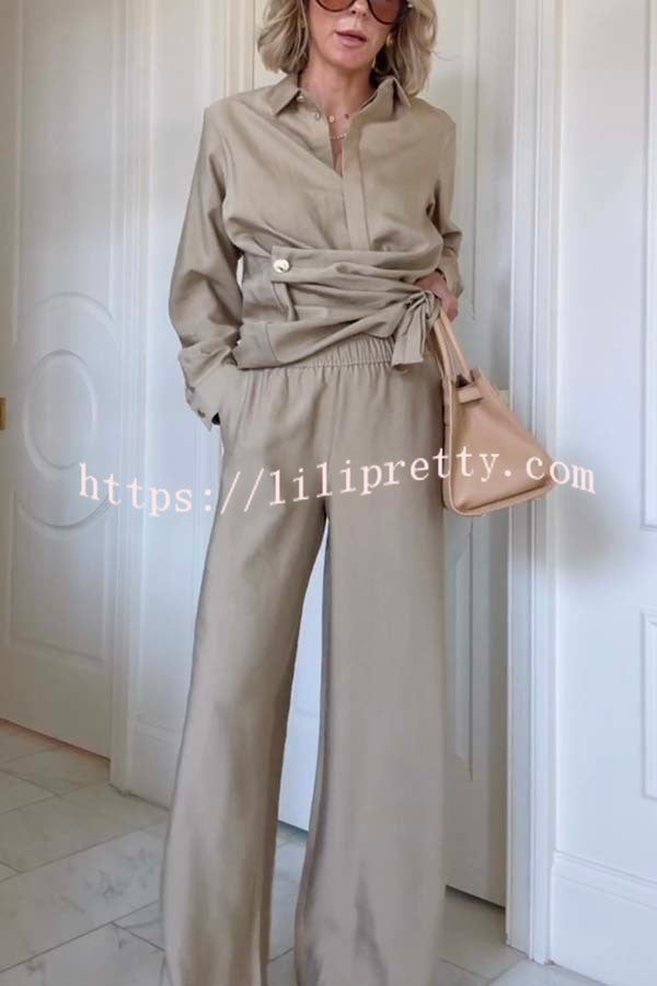 Juliette Cross-front Button Up Long Sleeve Shirt and Elastic Waist Pocket Loose Pants Set